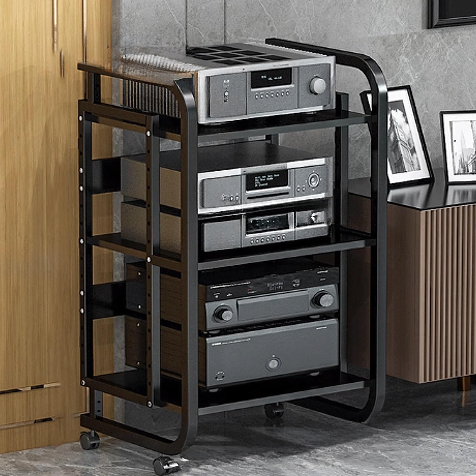 Stojak AV, Wieża na Sprzęt Audio, Stojak Audio, Stojak na Sprzęt Audio Wytrzymały z Drewna Konstrukcyjnego + Stal 2 Rozmiary 3 Kolory(Black+black,3 layer)