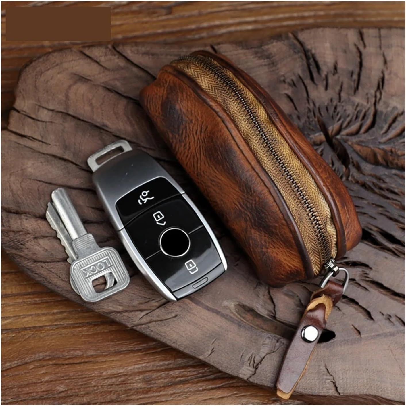 Key and Coin Holder Large Capacity Retro Soft Cowhide Key Bag Zipper Buckle Genuine Leather Key Case Short Vertical Square Shape Soft Surface Keys with Zipper Coin Pocket(Coffee)