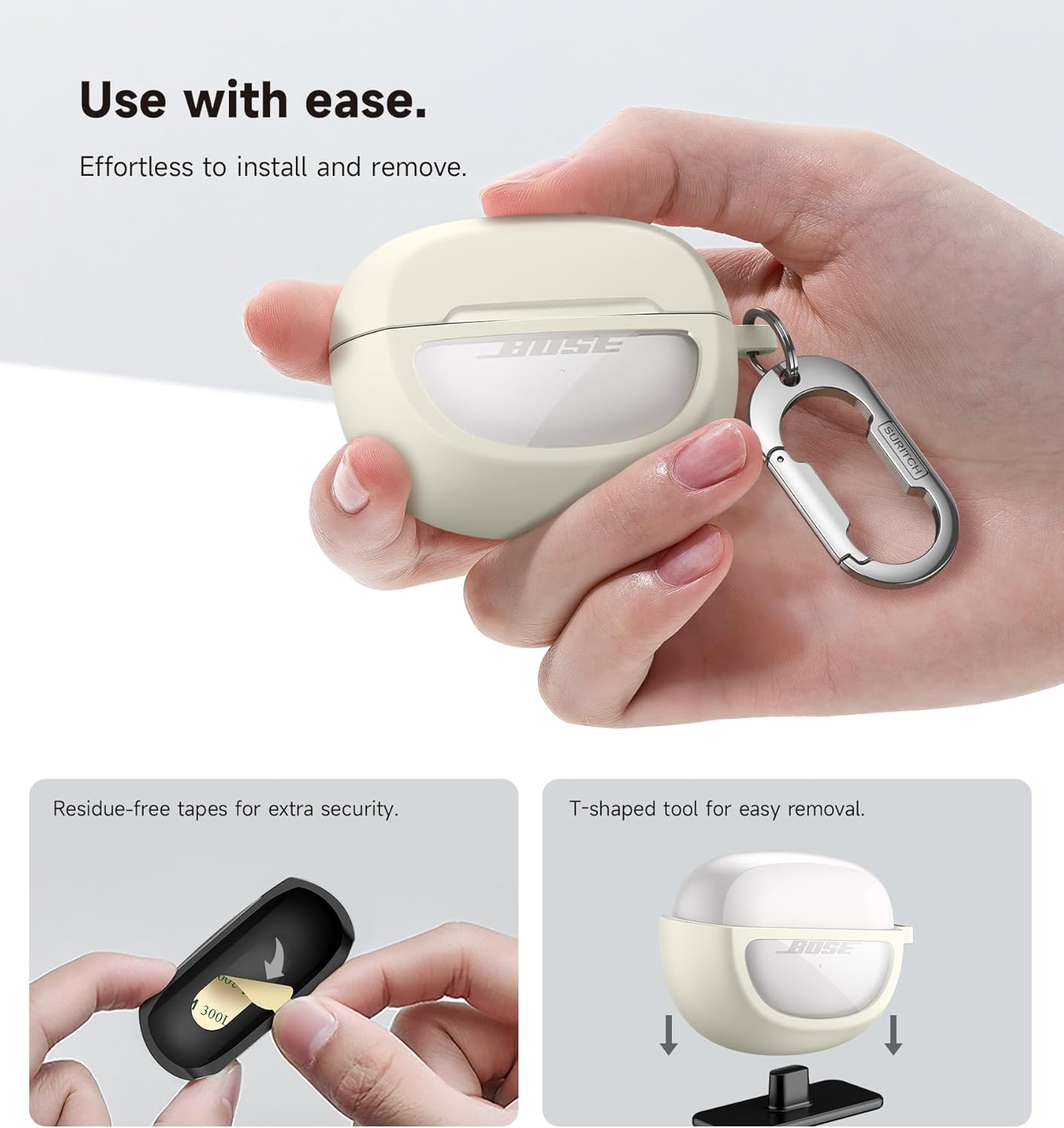 SURITCH Case Cover for Bose Ultra Open Earbuds(2024), Shockproof Protective Cover for Bose Ultra Open Wireless Ear Earbuds Charging Case Accessories with Carabiner, White - Image 6