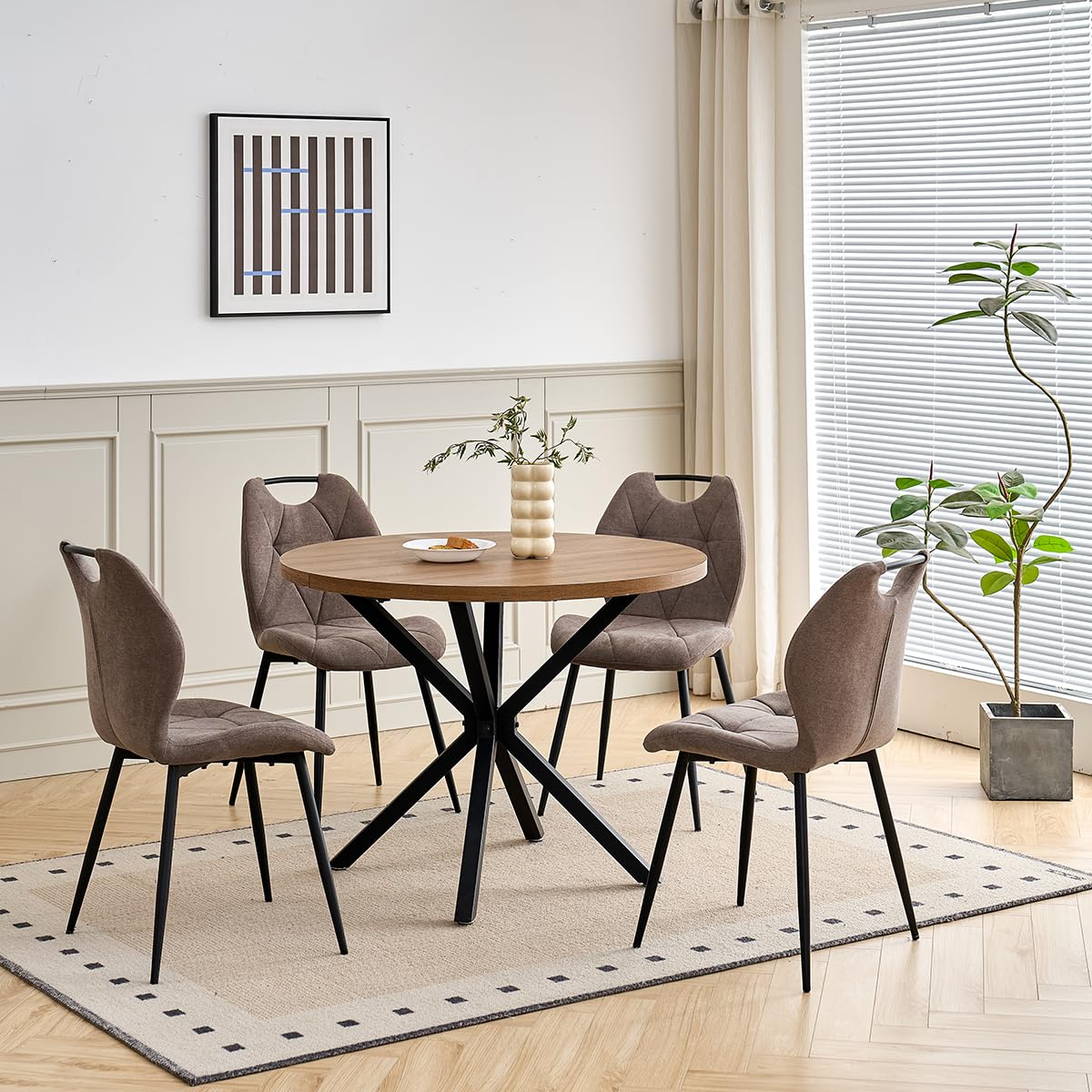 Juego de 4 Sillas, Sillas de Comedor Tapizadas, Sillas de Cocina de Estilo Escandinavo, Patas de Metal, Cojines de Tela con Estampado de Rombos y Asas, Marrón