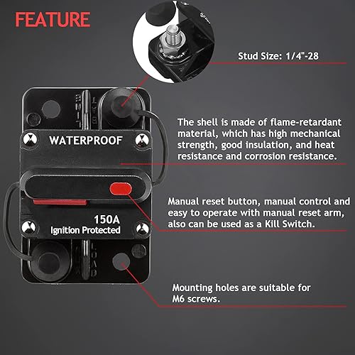 Miniatura 4 de Paquete de 3 disyuntores de audio para automóvil de 150 amperios de fusibles reiniciables, protección para sistema de audio, fusible de 12-48 V CC