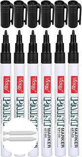 Black Markers Metallic Oil-Based Paint Pens Set of 6 - Perfect for Rock, Ceramic, Glass and Stone Painting - Fine Point, Permanent and Quick Drying - Includes 2 Extra Fine Tips