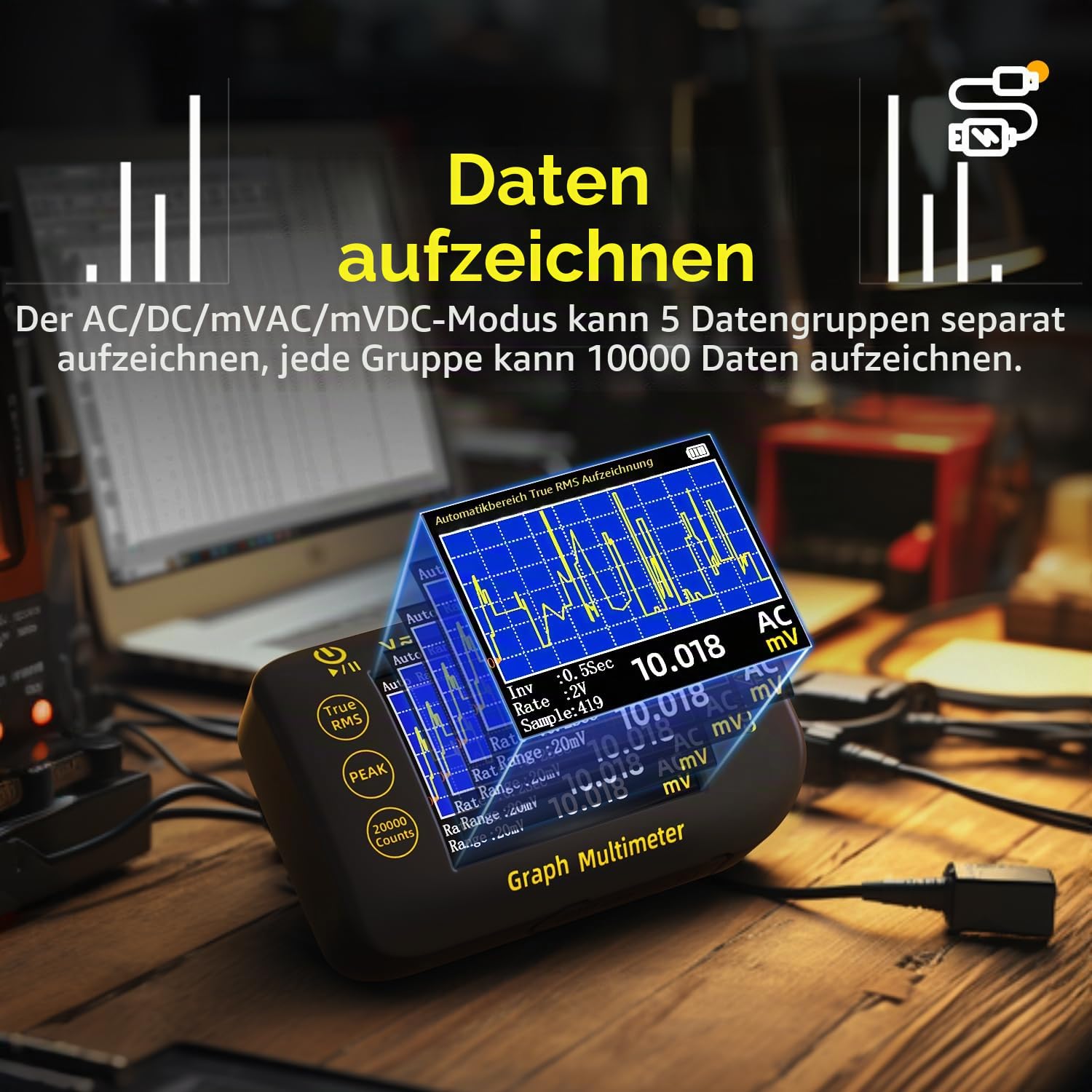 BSIDE Tragbares digitales Multimeter 20000 Wort mV Voltmeter Wiederaufladbar 2.8'' Farbbildschirm Kompaktes Multimeter mit Aufzeichnungsmodus Messen Widerstand Kapazität Diode Max Min Ave Berechnung