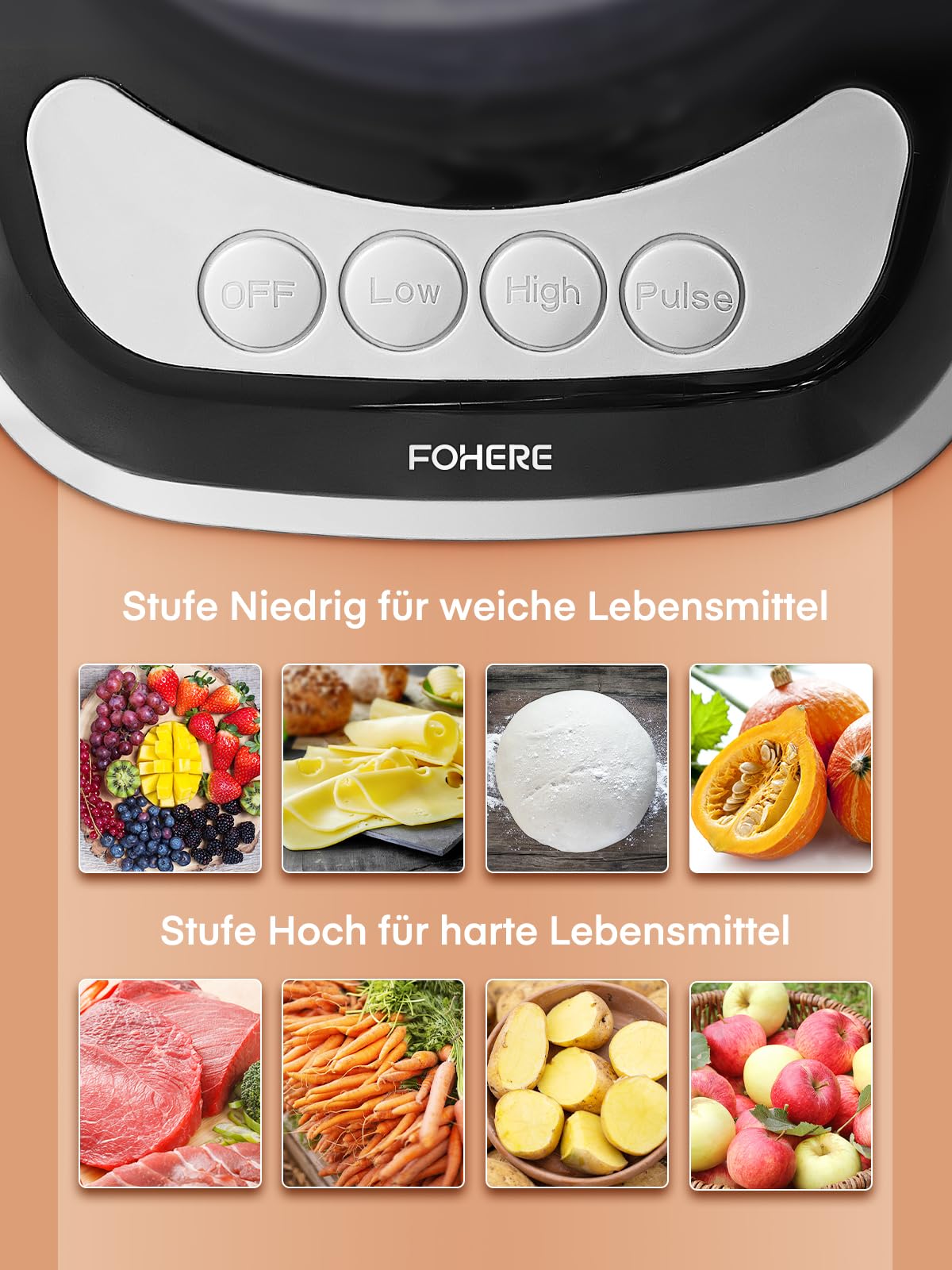 FOHERE Küchenmaschine 2,1 L, 2-in-1-Doppeleinfüllschacht | 2 Geschwindigkeiten + Puls, Edelstahlklingen, Ohne Vorschneiden, Hacken, Raspeln, Schneiden, Mixen & Teig Kneten