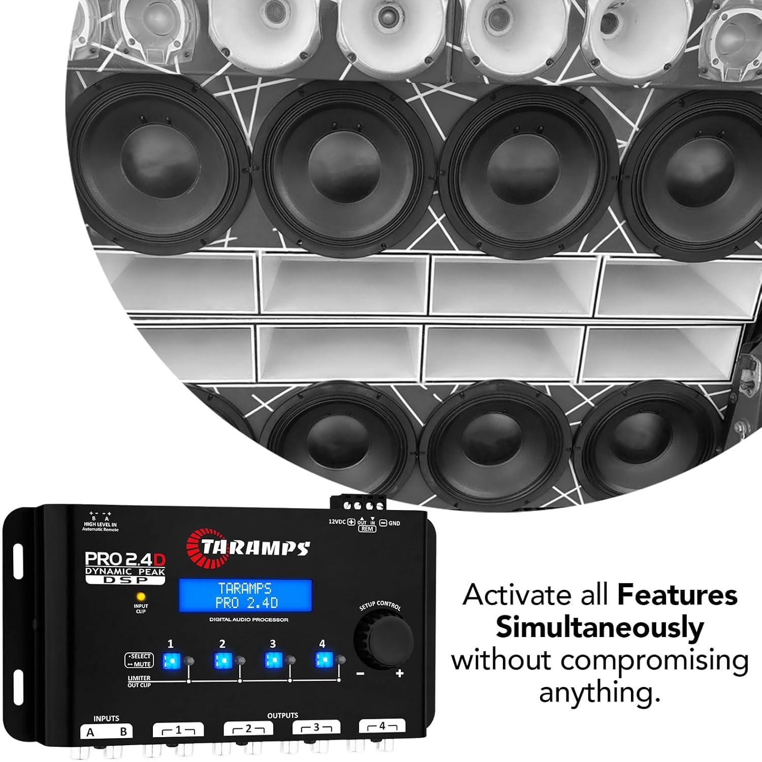 Taramps Pro 2.4D Dynamic Peak DSP Crossover Full Digital Signal Car Audio Processor and Equalizer, RCA and High Level Input, 4-Channel Out, 5-Band Input, Eq 12 preset, Peak and RMS Limiter Function
