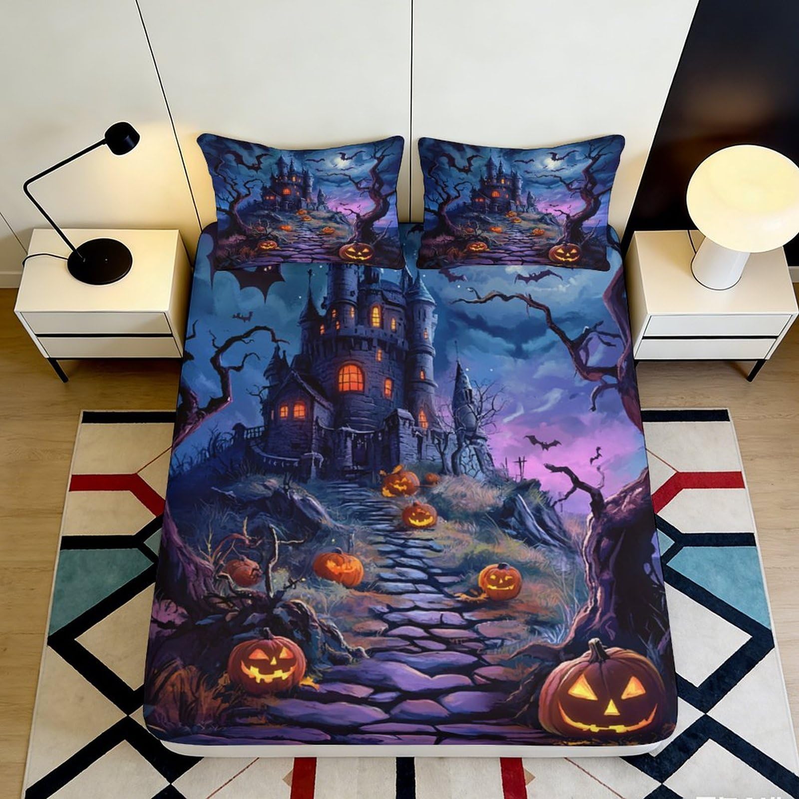 3D Printed Haunted Castle Fitted Sheet Microfiber Halloween Pumpkin Bed Cover for Bedroom Guestroom Dorm Decor 90x200x25cm