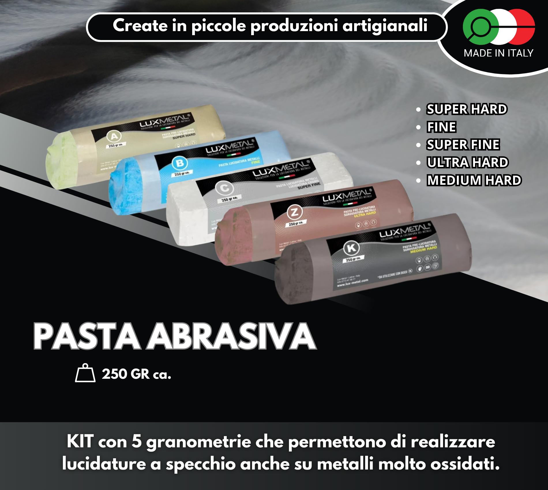 Lux Metal - Kit 5 Disco Lucidante 150 mm e 5 Pasta Abrasiva Lucidante 250 gr - Per Alluminio, Ferro, Acciaio Inox, Bronzo, Marmo - Ruota Lucidatura Metalli Trapano Mola Smerigliatrice Feltro Cotone