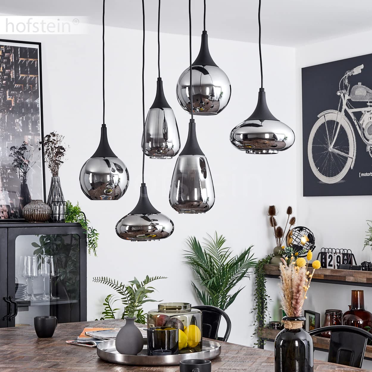 Lampada a sospensione Maynal, lampada in metallo/vetro in colore nero/cromo, lampada dal design moderno con paralumi in vetro, 6 luci, altezza massima 150 cm, 6 x E14, senza lampadina/e