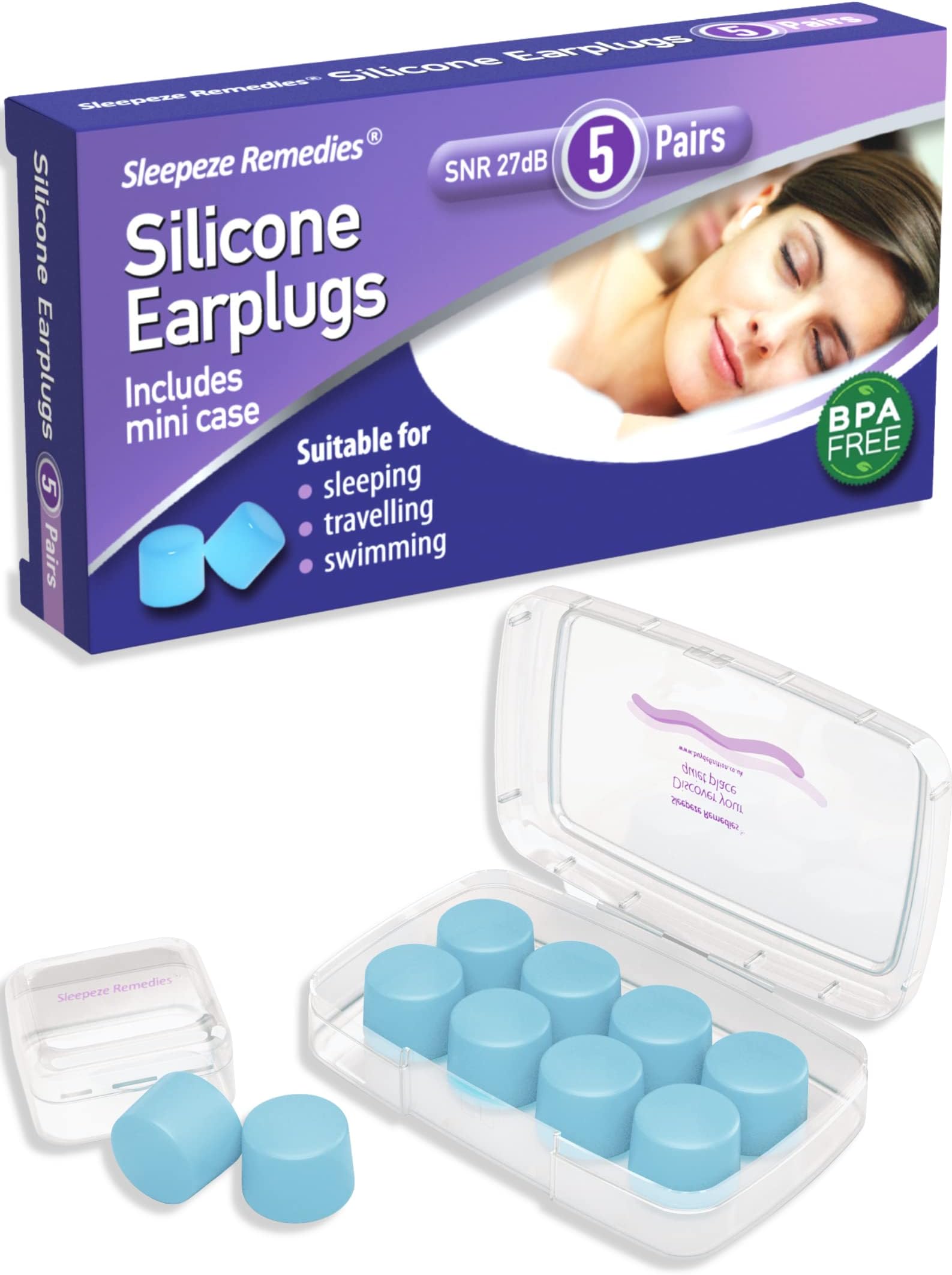 Silicone Ear Plugs Reusable 5 x Blue, Premium Waterproof Noise Cancelling Ear Plugs, Disposable Wax Earplugs for Sleeping, Ear Defenders Travel, Snoring, Swimming, Adults, Kid