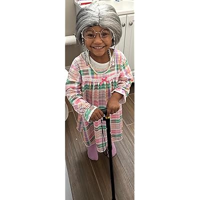 EBYTOP Kids Old Lady Costume Set - 100th Day Of School Granny Outfit With Wig, Glasses & Cane For Ages 4-6