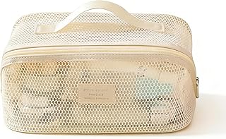 Mesh Travel Makeup Bag, Large Capacity Cosmetic Bag for Women, Double Layer Toiletry Organizer with Small Pocket, Clear Portable Pouch for Skincare, Brushes, Toiletries & Travel Essentials (white)