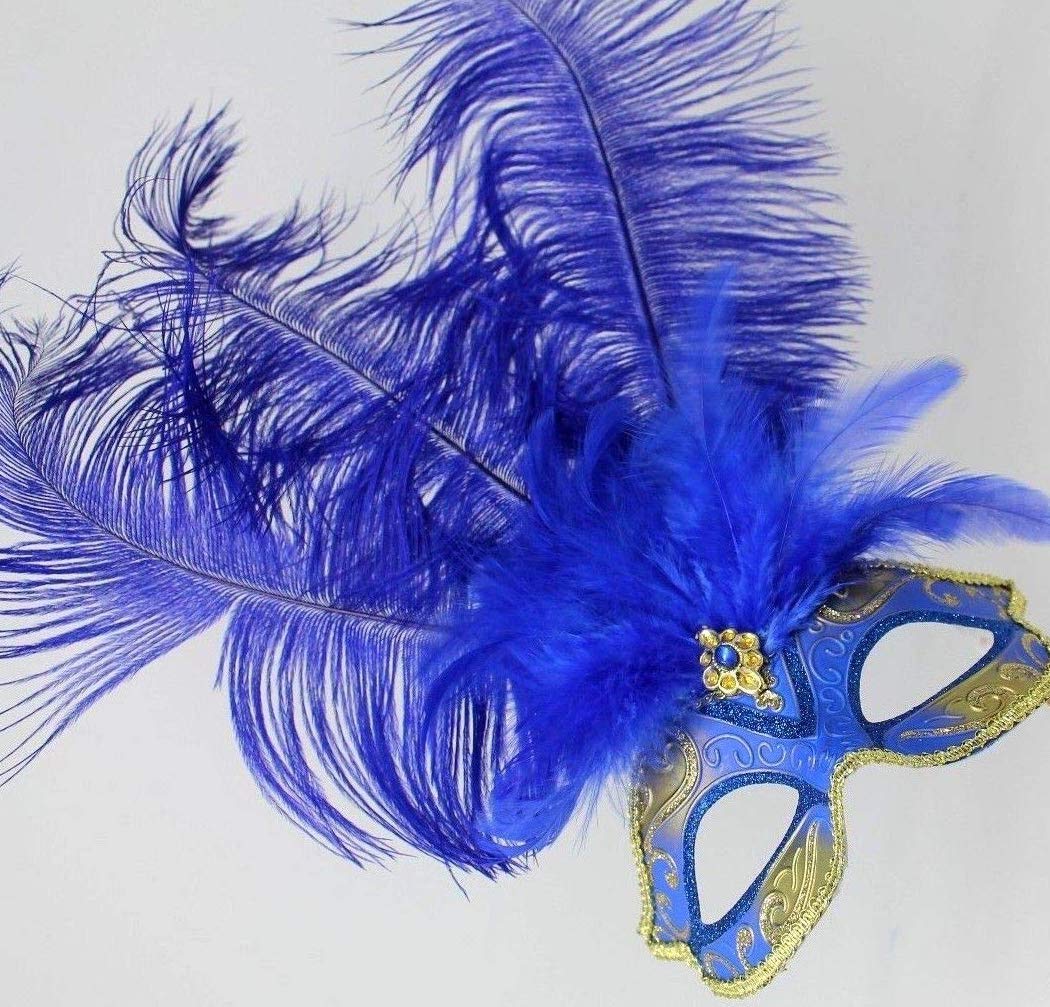 LADIES BLUE & GOLD VENETIAN MASQUERADE HALLOWEEN CARNIVAL PARTY EYE BALL FEATHER MASK, Blue Gold, 7cm Deep exc Feathers