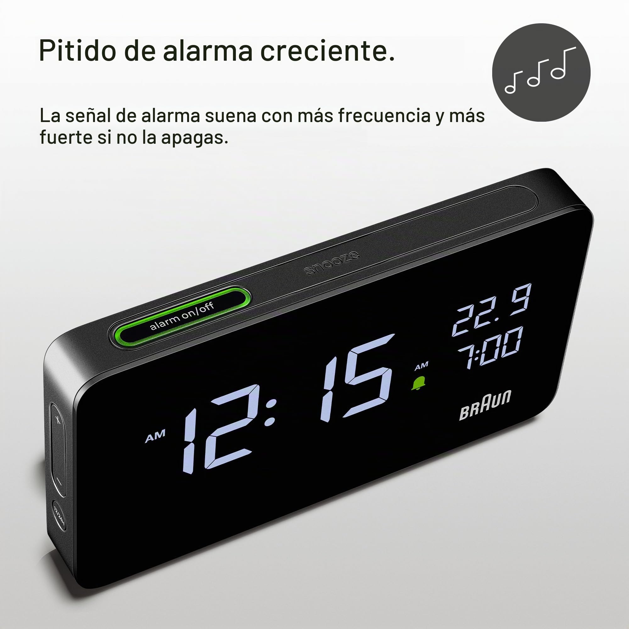 Braun Reloj Despertador Digital Pantalla LCD, 2 Puertos USB-C para Cargar Otros Dispositivos, visualización de Fecha y Hora, repetición táctil, configuración rápida, en Negro, Modelo BC20B.