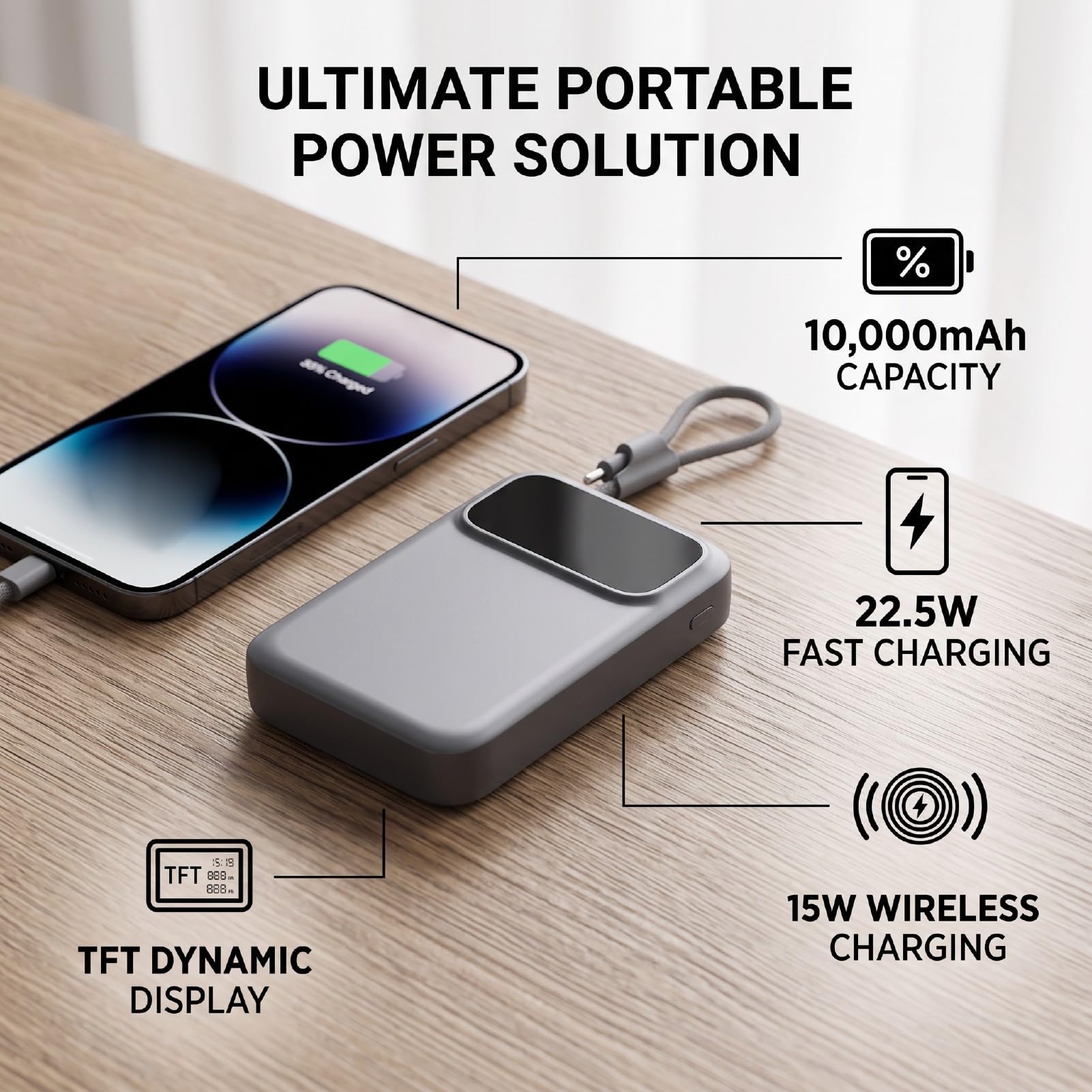 Batterie sans Fil avec écran TFT, 10000mAh 22.5W