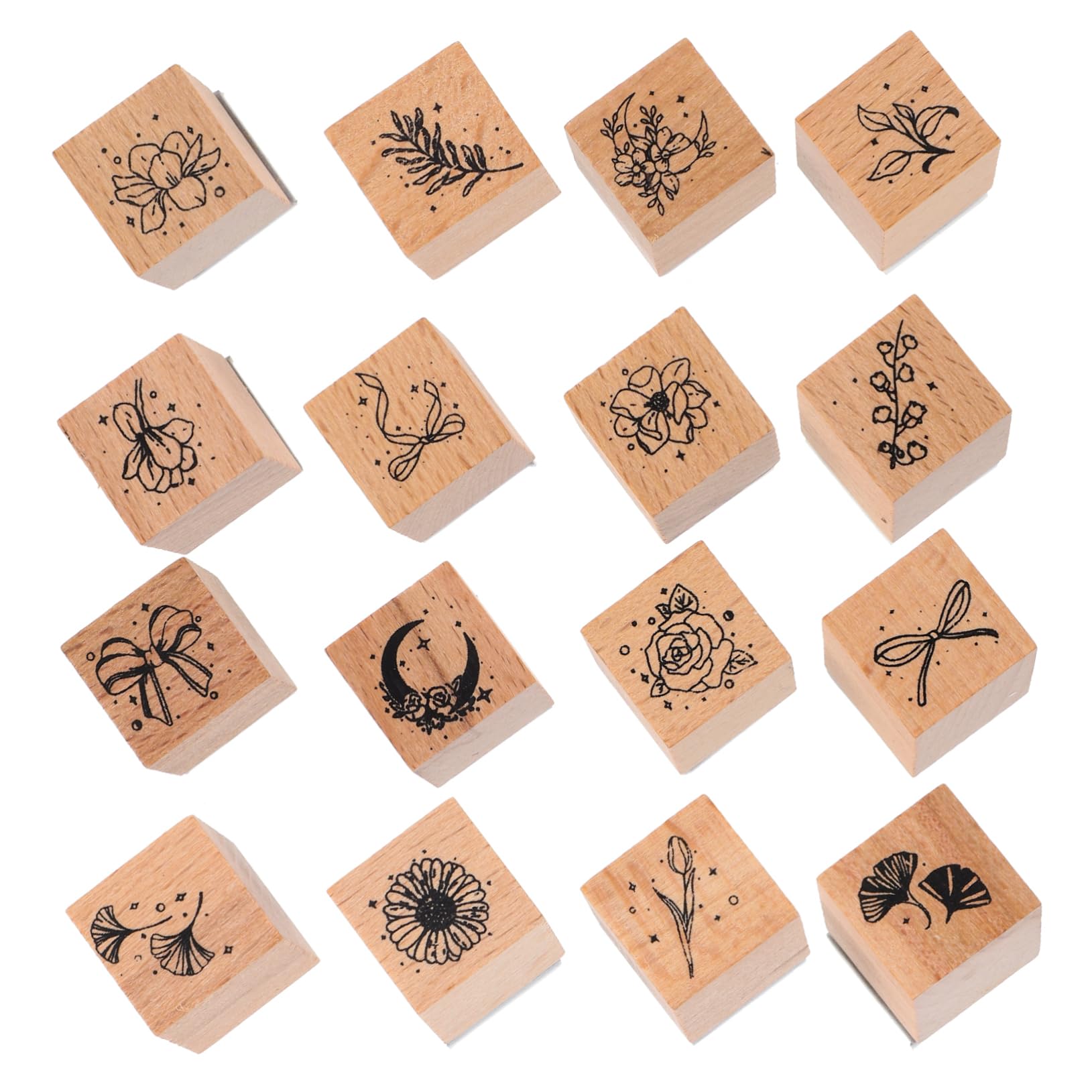 NUOBESTY 5 Set Timbri Per In Legno Collezione Di Fiori E Piante Serie Di Timbri Retrò Set Di 16 Timbri Di Prima Classe Etichette Kit Per La Creazione Di Diari Timbri 16 pezzi * 5