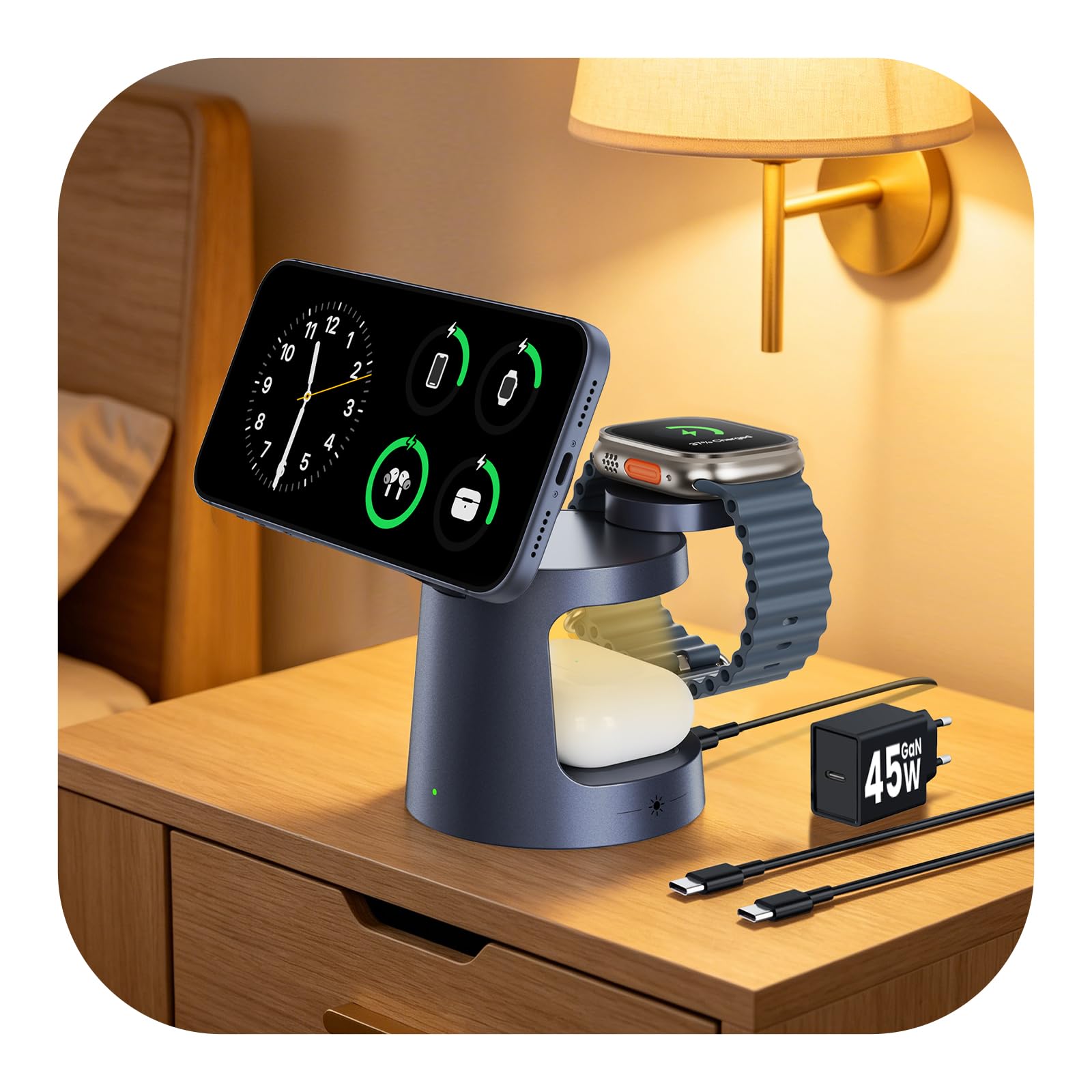 GEEKERA Qi2.2 25W Station de Charge 3 en 1 avec Lampe Nocturne, Chargeur Rapide Pliable Compatible MagSafe pour iPhone Air/17/16/15-12, Apple Watch 2-11, AirPods, inclut Adaptateur GaN 45W, Gunmetal