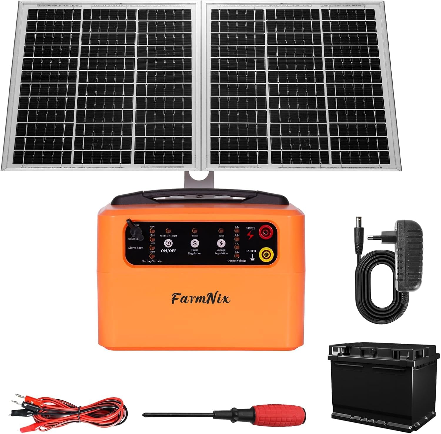 48KM Clôture Électrique Solaire, Électrificateur de Clôture Électrique 0,3 J–1,5 J, 6 KV–12 KV Réglable, Chargeur de Clôture Électrique Solaire pour la Protection des Animaux de ferme, de la volaille
