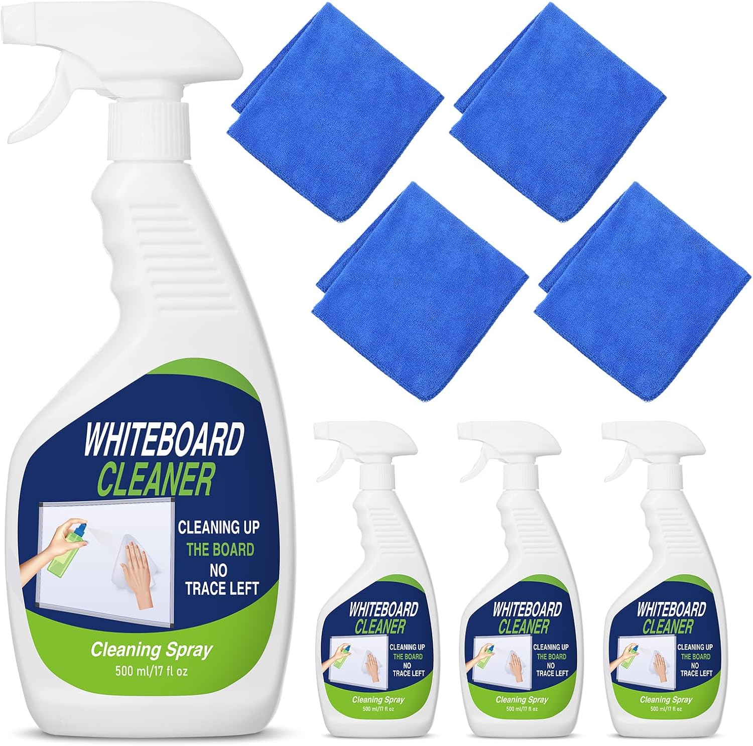 Fuyoooo 8 Pcs Whiteboard Cleaner Set 4 17 fl oz Dry Erase Board Liquid Cleaner with 4 Cloths White Board Cleaning Spray for Classroom Chalkboard Home Office