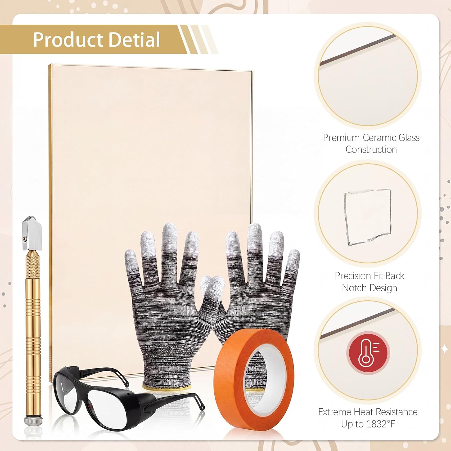 7 x 9 Inch High Temperature Ceramic Glass Replacement Kit, 3/16 Inch Thick Stove Glass Panel with Cutter, Goggles, Gloves and Tape for Fireplace Insert Pellet Stove