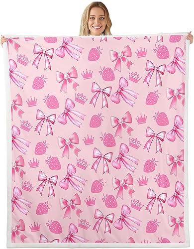 Miniatura 30 de Manta de franela con lazo de princesa, romántica con lazos rosados, mariposas, rosas, flores, manta de vellón para decoración del hogar, sofá, sofá