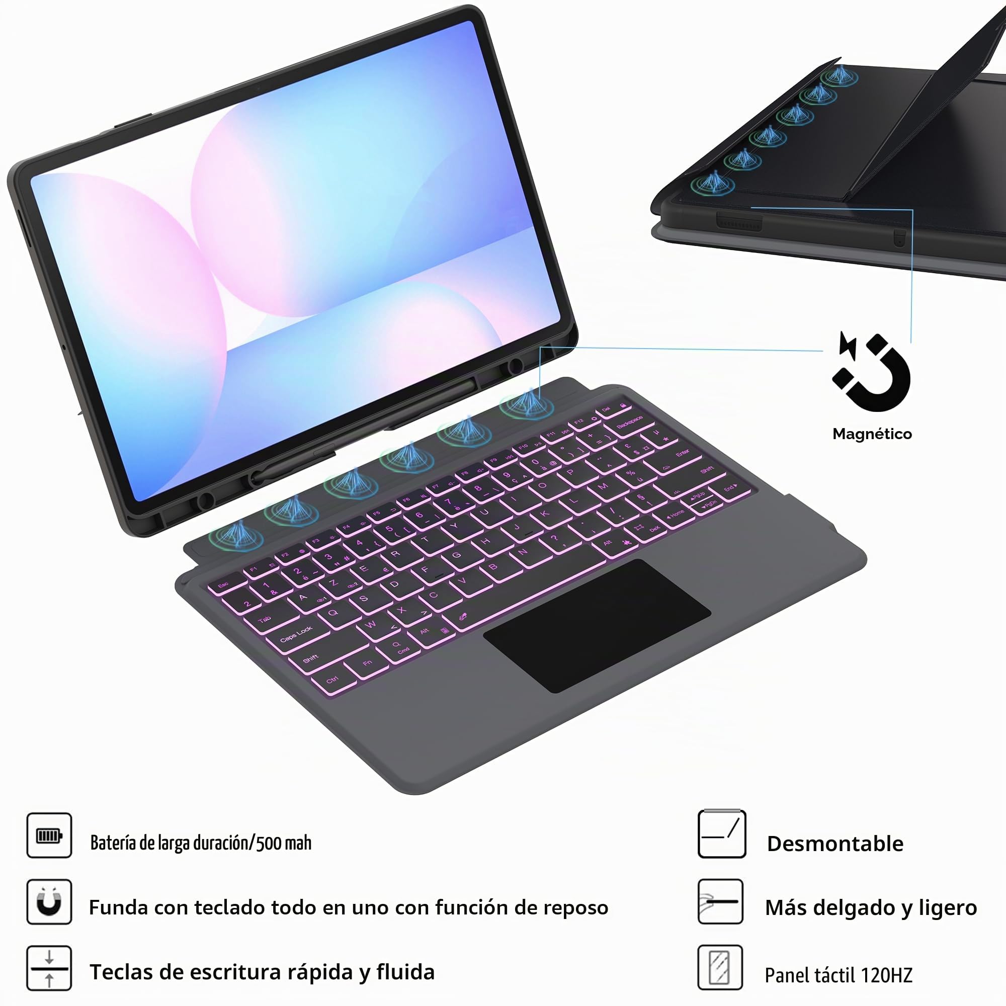 Carcasa de teclado para Samsung Galaxy Tab S10 FE+ Plus de 13,1 pulgadas: 7 colores retroiluminados magnéticos con teclado extraíble con Trackpad | Teclados Azerty francés inalámbricos para Galaxy