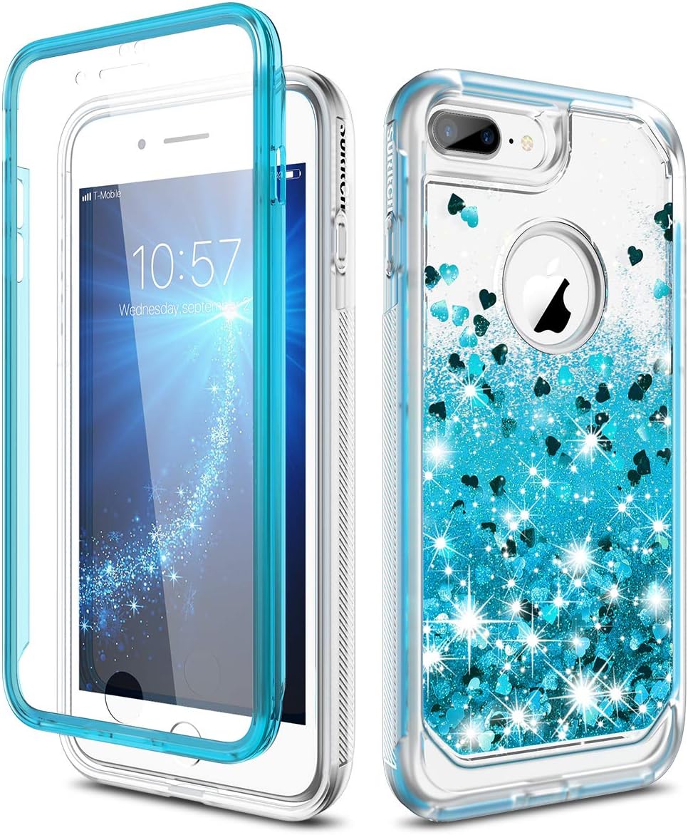 SURITCH Case for iPhone 7 Plus/iPhone 8 Plus, [Built-in Screen Protector] Quicksand Liquid Glitter Full-Body Protection Rugged Bumper Shockproof Cover for iPhone 7 Plus/8 Plus 5.5 Inch(Blue)