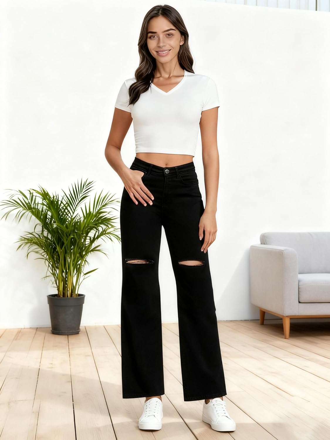 Women's High Waisted Ripped Wide Leg Jeans Stretchy Baggy Straight Distressed Denim Pants - Image 3