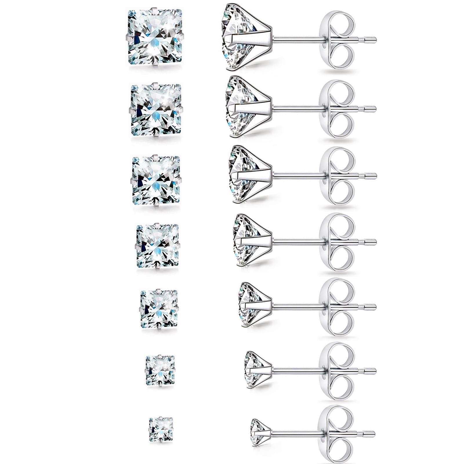 Brogtorl Pendientes Aretes de Botón 14Pcs Con Diamante Brillantes, 7 Pares de Pendientes de Acero Titanio Plata Oro Negro Estilo Diamante Aretes Para Hombre Mujer y Niñas, Tamaño Pendientes 2 a 8mm