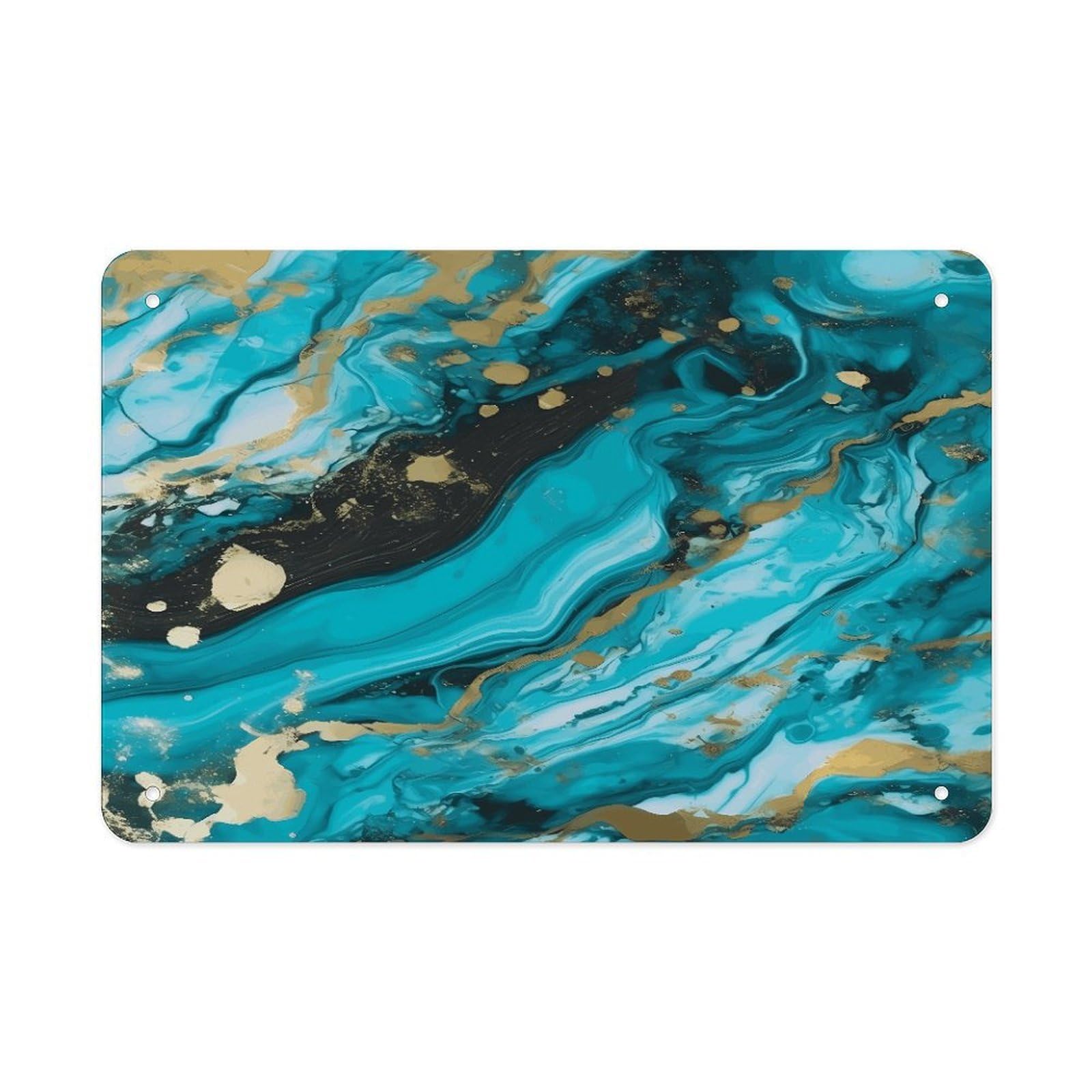 Turquoise Blue Gold Marble Metal Tin Sign 12"x8" Wall Art Prints Poster Decorative Picture Metal Signboard Decor Painting Folded Edge Iron Sheet Painting with Holes for Wall Decor