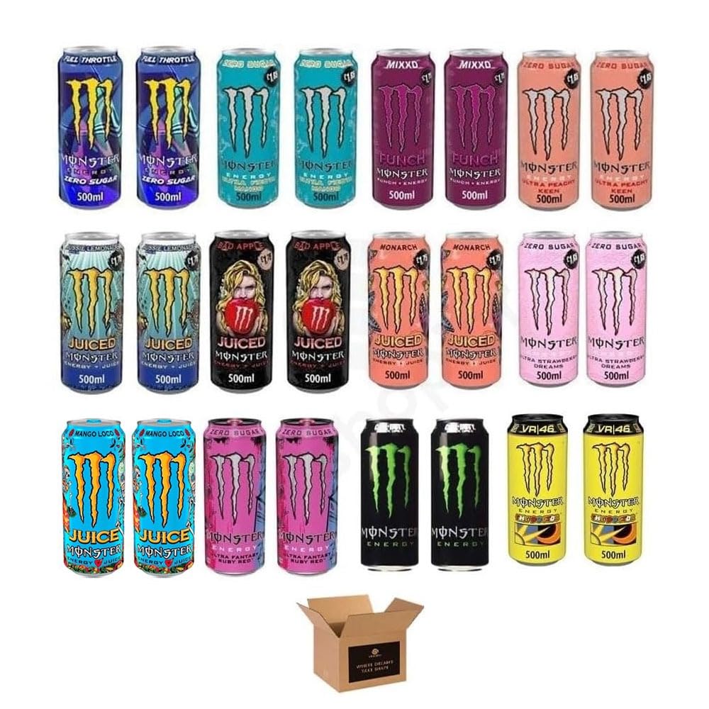 Monster Energy Drink Flavours | Juiced, Zero Sugar, Ultra, Monarch, Fiesta Mango, Strawberry Dreams, VR46, Punch | High Caffeine Sports Energy Drink (Monster Mixed Assorted Cans - 500ml x 24Pack)