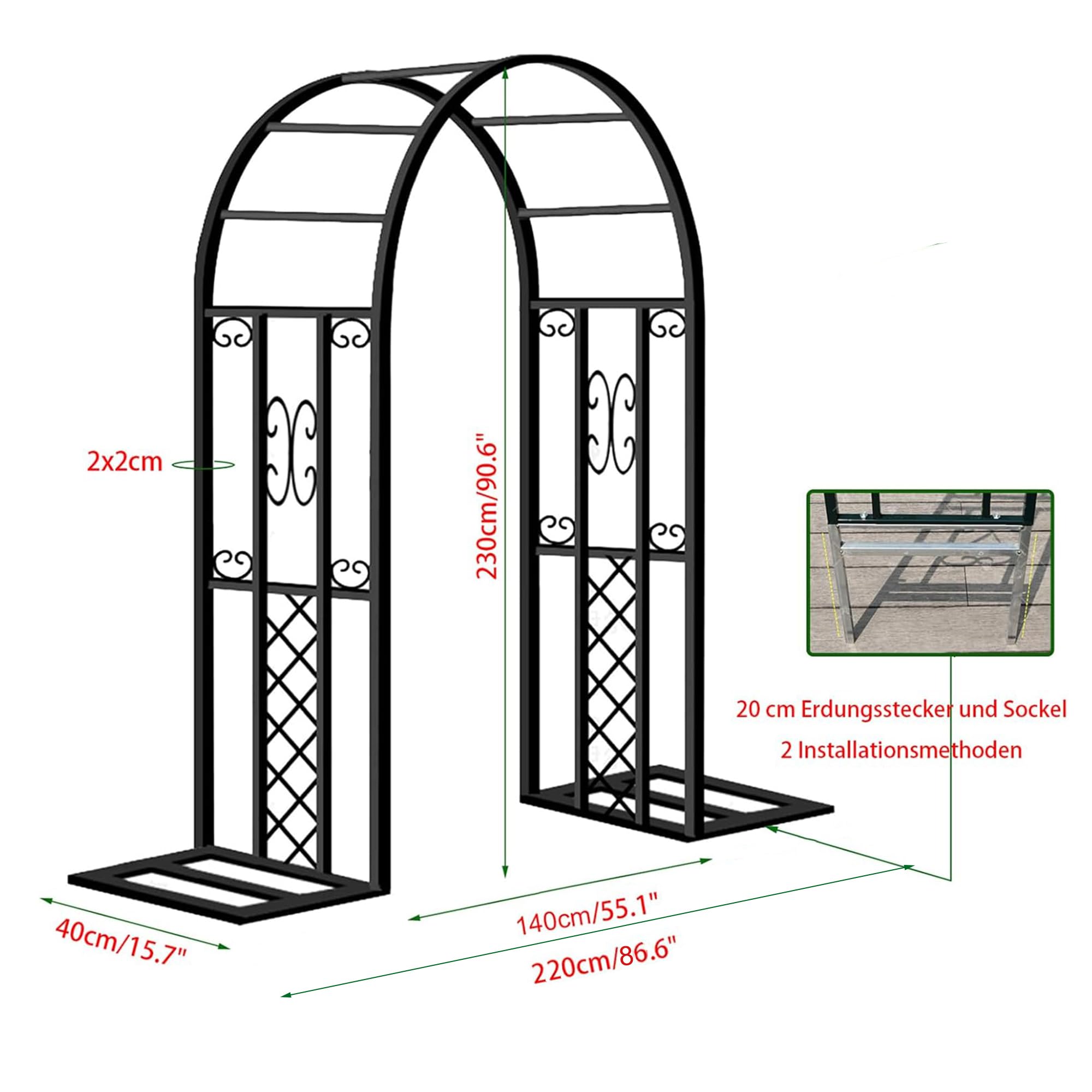 Gartenbogen aus Metall, Rosenbogen 230x140x40 cm, 20 mm Verzinkter Stahlrostfrei, Verstärkte Rankhilfe für Kletterpflanzen, Rosen, Hochzeitsbogen Garten & Outdoor (Schwarz)