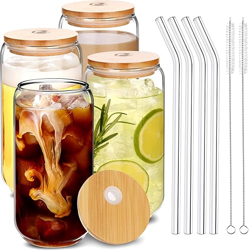 Juego de 4 vasos con tapas de bambú y pajita de vidrio vasos de vidrio en forma de lata de 16 onzas vasos de café helado vasos de cerveza botella