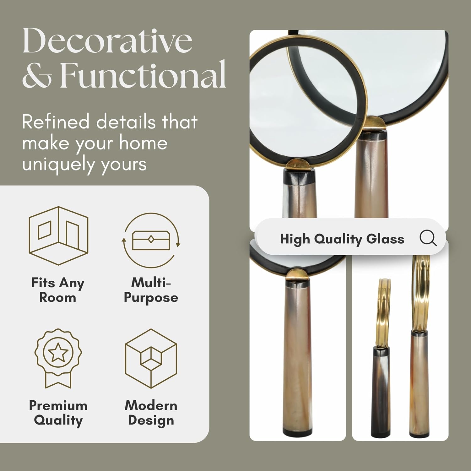 Set of 2 Nilay Horn Magnifying Glass Decorative Object – Glass, Stone, & Metal Modern Home Decor – Shelf Styling & Coffee Table Decor for Office & Living Room – 7" & 9", Gold