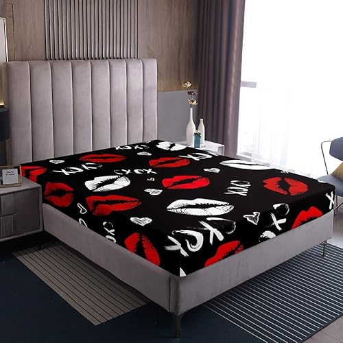 Miniatura 7 de Juego de sábanas bajeras de labios rojos femeninos para niñas y mujeres, juego de sábanas con estampado de lápiz labial blanco, juego de sábanas