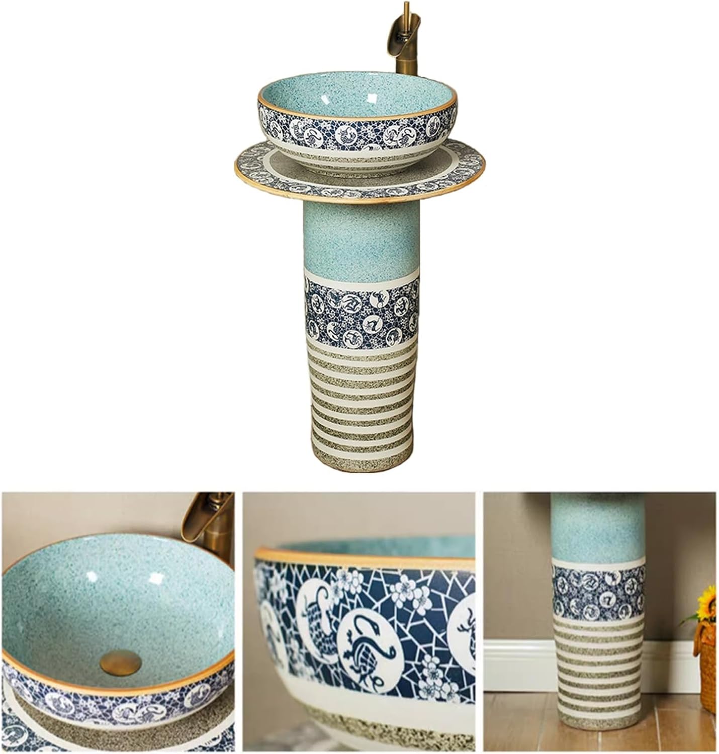 Bathroom Sink Retro Creative Ceramic Column Sink, 3-Piece Bathroom Pedestal Sink, Floor Standing Art Sink Bathroom Sink Combo with Taps, Drain Set Bathroom Pedestal Sink(B)