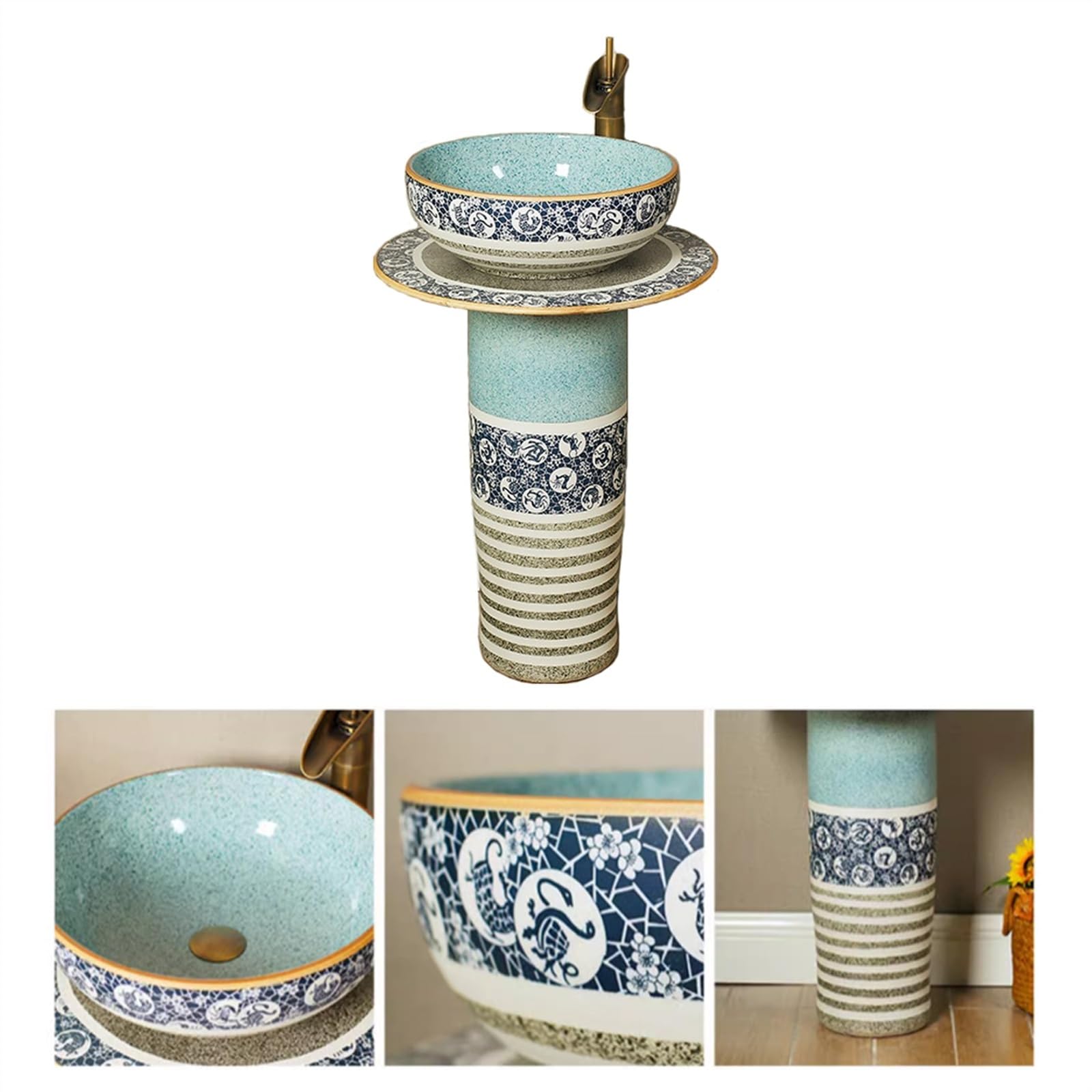 Zlewozmywak łazienkowy na cokole, retro i kreatywna ceramiczna umywalka kolumnowa, 3-częściowa umywalka łazienkowa z podstawą, umywalka podłogowa z kranami, zestaw s(B)
