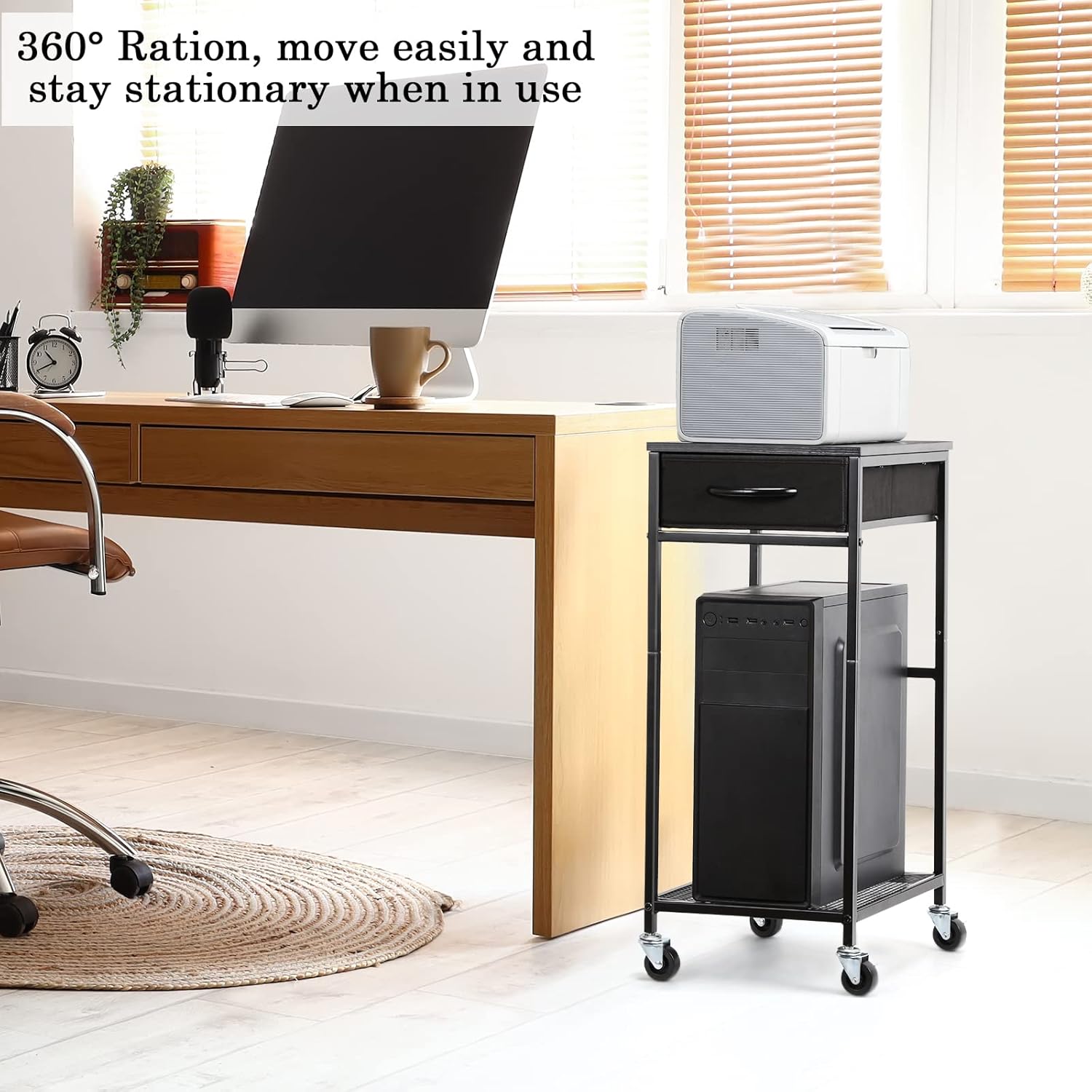 Computer Tower Stand, Mobile PC Tower Stand, CPU Holder Stand Cart with Rolling Caster Wheels and Cloth Drawer, Fits Most Gaming PC and Printer Under Desktop, 2 Tier : Office Products
