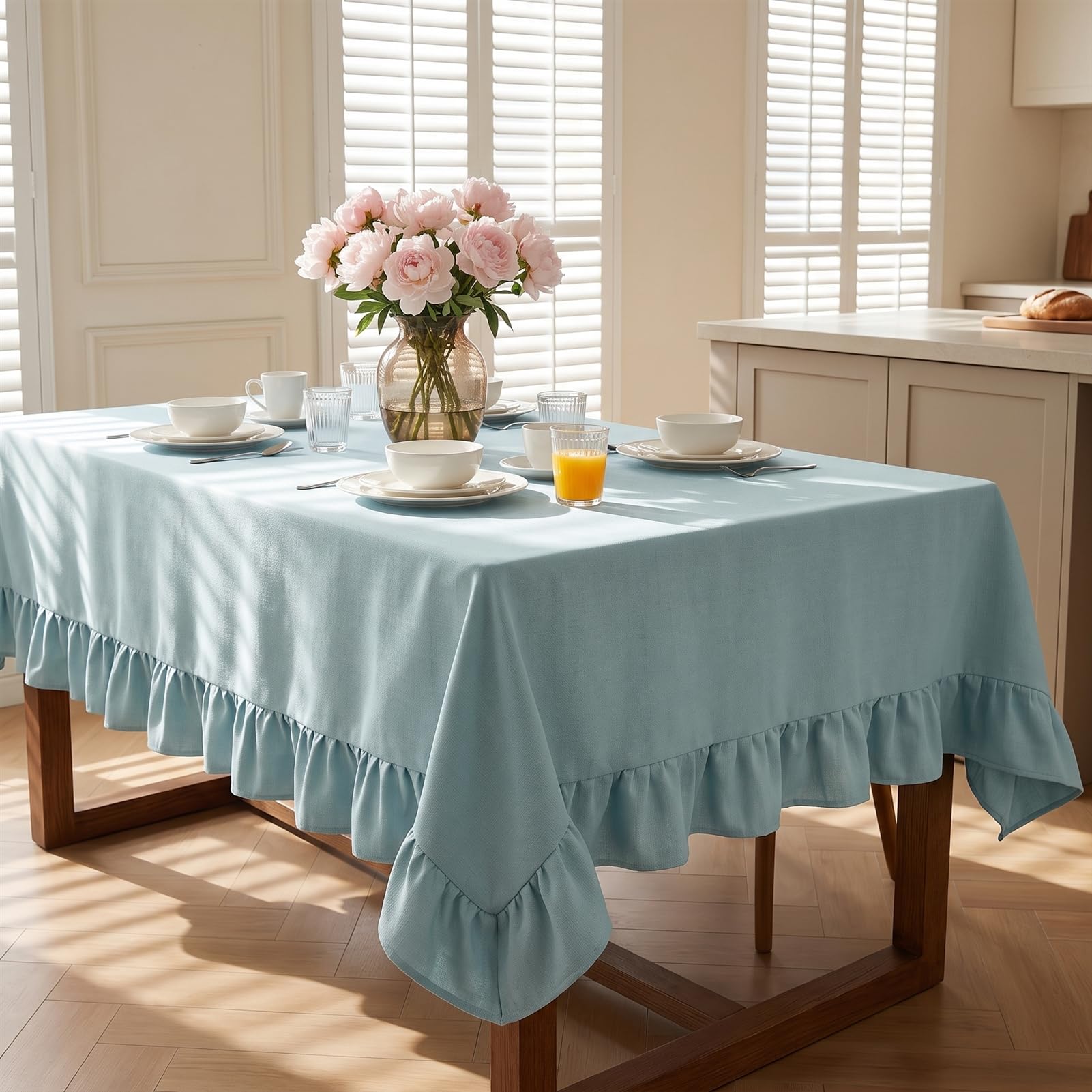Tovaglia Rettangolare con Volant, Azzurro chiaro, 140x300cm