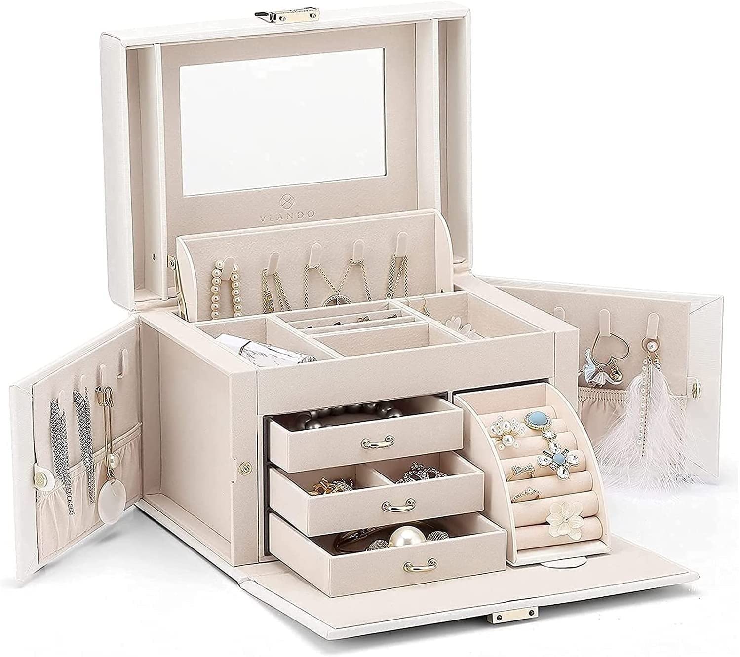 TIANQIHAO Storage Box One-Handed Mirrored Jewelry Box Organizer 3 Layers High Capacity Soft Pu Leather Wooden Decorative Jewelry Storage Case For Bracelets Jewelry Storage Box
