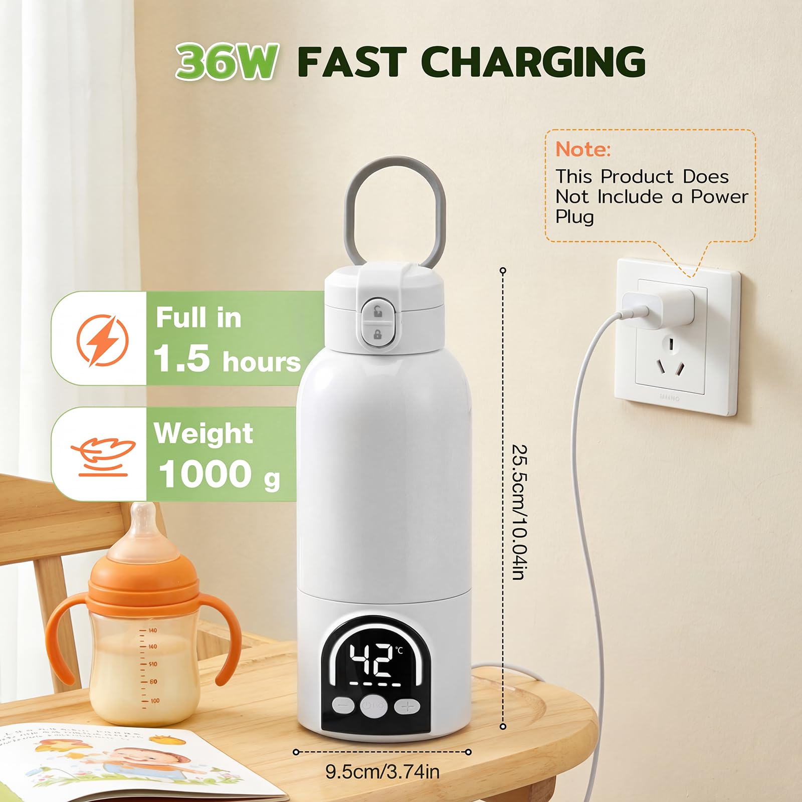 Calentador portátil inalámbrico para biberón portátil de 500 ml para leche materna y agua, 140 W y temperatura ajustable 35 ℃-70 ℃, carga USB calentador de agua para viajes (blanco) — view 6