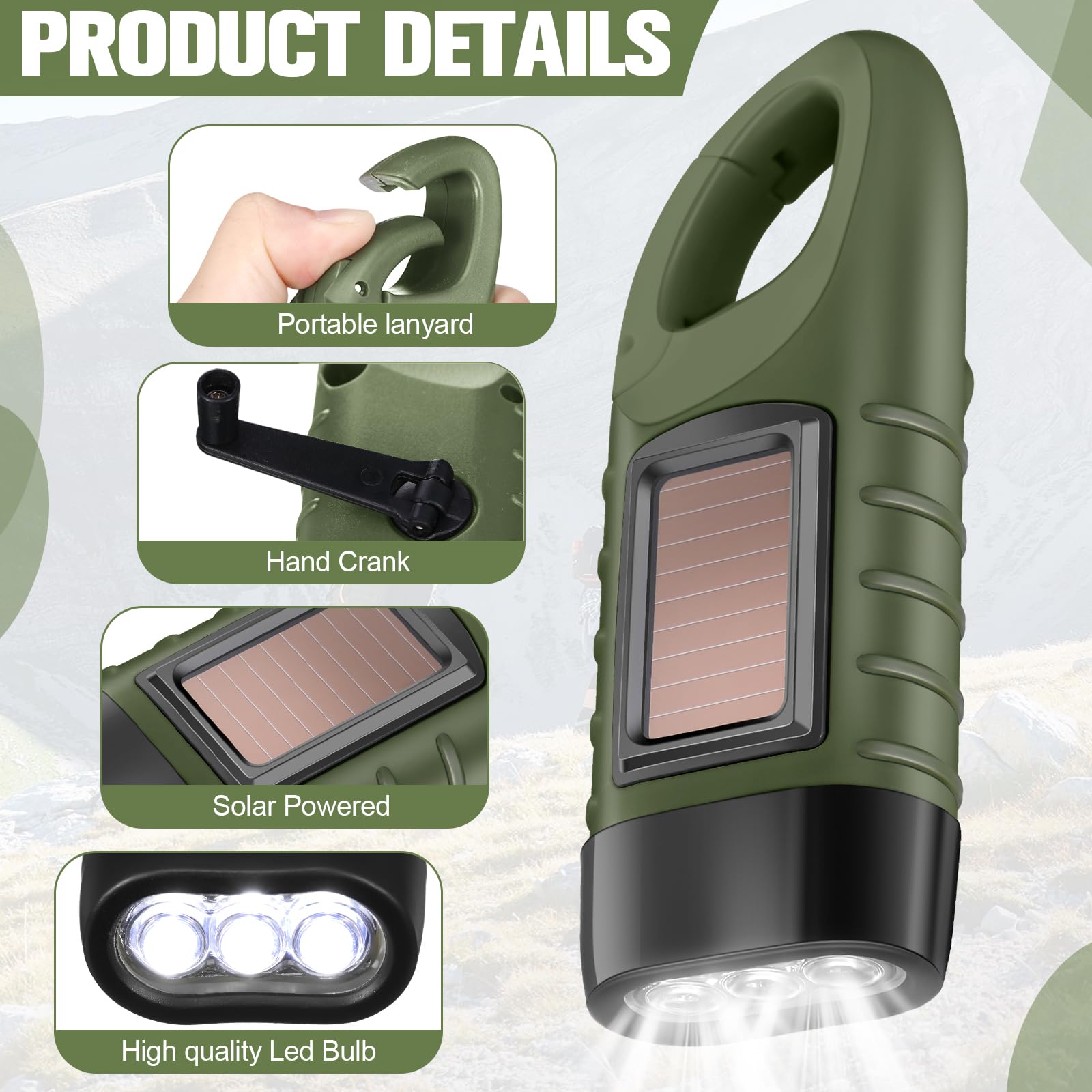 Leelosp 9 Stück Handkurbel Taschenlampe Solarbetriebene Taschenlampe für Notfälle Dynamo Wiederaufladbare LED Survival Licht für Outdoor Sport Wandern Camping (Grün)