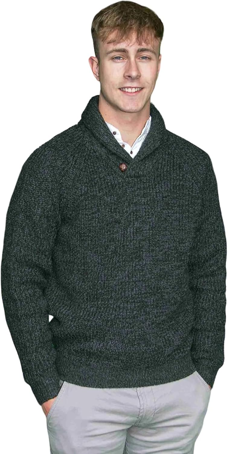 Emerald Isle Aran Fisherman’s Sweater for Men's, Cable Knit Shawl Collar Pullover Made in Ireland