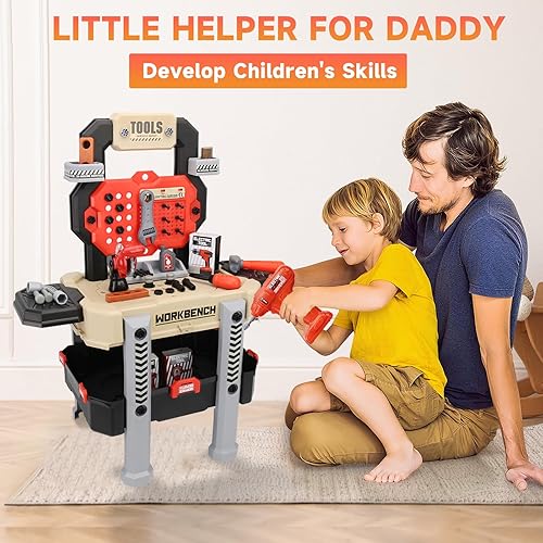 Miniatura 6 de SLTBEH Juego de banco de herramientas para niños pequeños, 78 piezas con kit de herramientas realistas, banco de trabajo para niños con taladro de