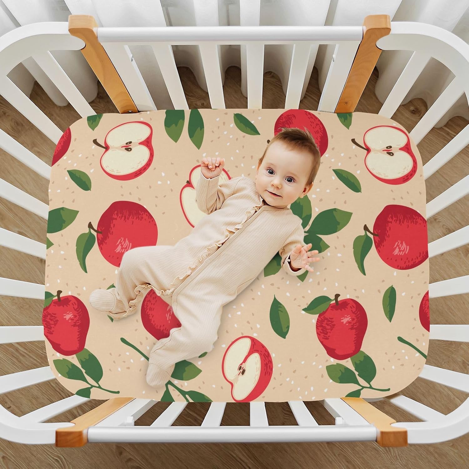 Fitted Crib Sheets Apple with Leaves Stretchy Portable Playard Sheets for Baby Toddler, Breathable Soft Mini Crib Mattress 52 x 28 in for Boys and Girls