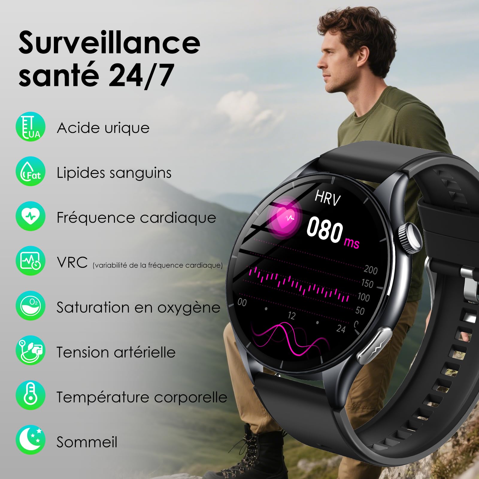 2026 Montre Connectée Homme avec ECG/HRV/Tension Artérielle/Sport/Sommeil | Smartwatch Santé avec Emotions/Fatigue, 1,56" AMOLED,24H Fréquence Cardiaque/SPO2/Température Corporelle,Appel Bluetooth/SOS