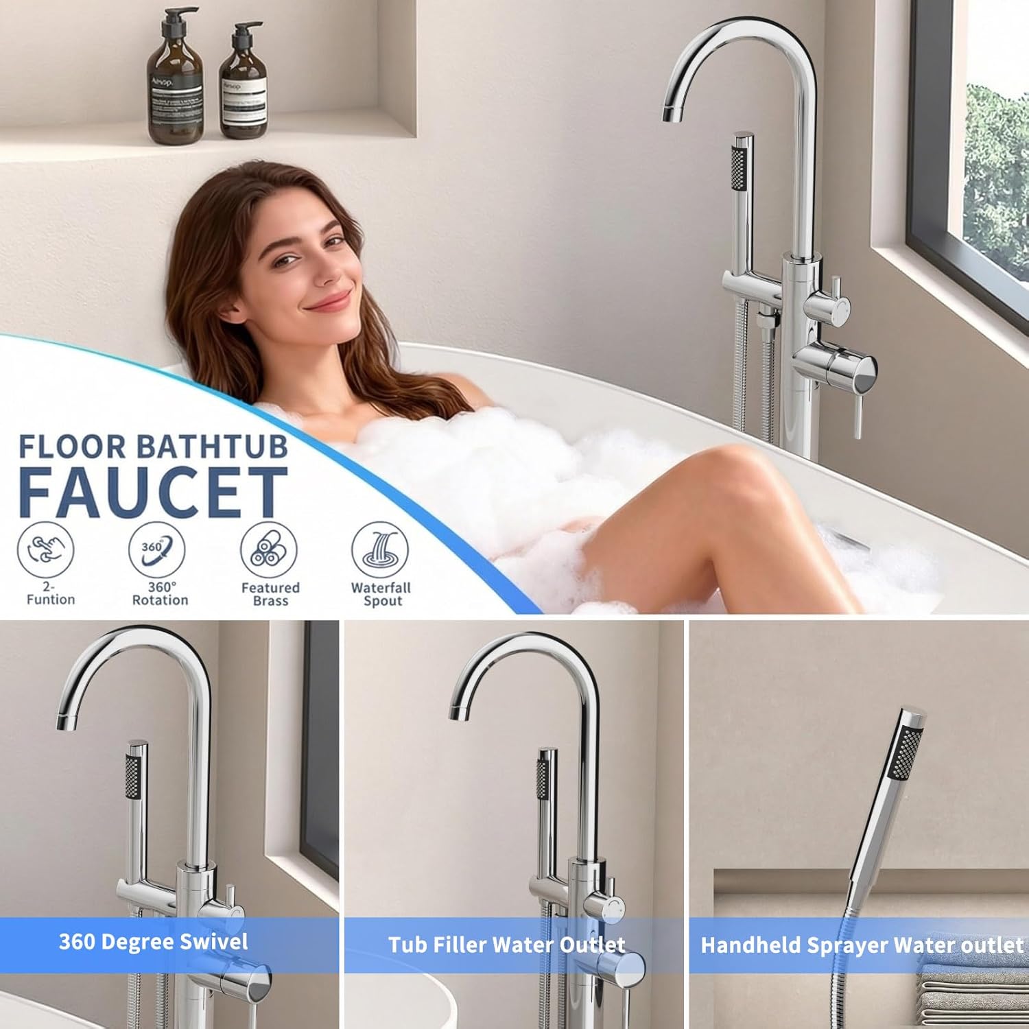 Freestanding Tub Filler Polished Chrome Floor Mount Bathtub Faucet Bathroom,Rough-in Valve 2 Function Handshower for Tub Rinsing Bathing,Anti-Wobble Base,Cylinder Handheld