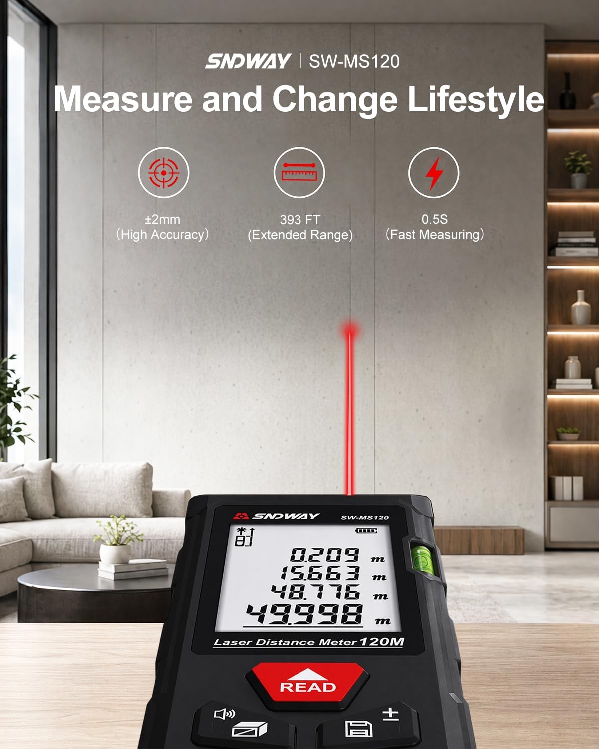 SNDWAY Laser Distance Meter 164Ft with Bubble Levels and ±1/16" Accuracy | 2.0" Backlit Display, Area Measurement,Volume and Pythagoras for Indoor&Outdoor