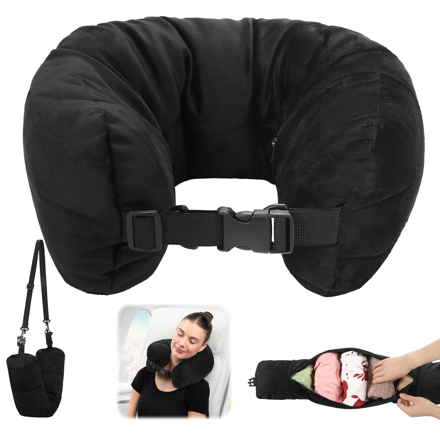 EVEPRUS Travel Pillow for Extra Luggage,Stuffable Neck Pillow for Travel,Soft Velvet Cover,Adjustable Neck Size,Holds 3 Da