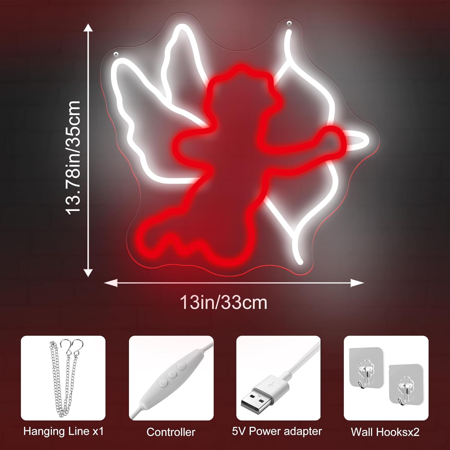 Cupid's Arrow Neon Sign 13.78″×12.99″ – Red & White LED Wall Light, USB Powered with Adjustable Brightness, Romantic Valentine's Day Decor for Bedroom, Restaurant, Party & Wedding