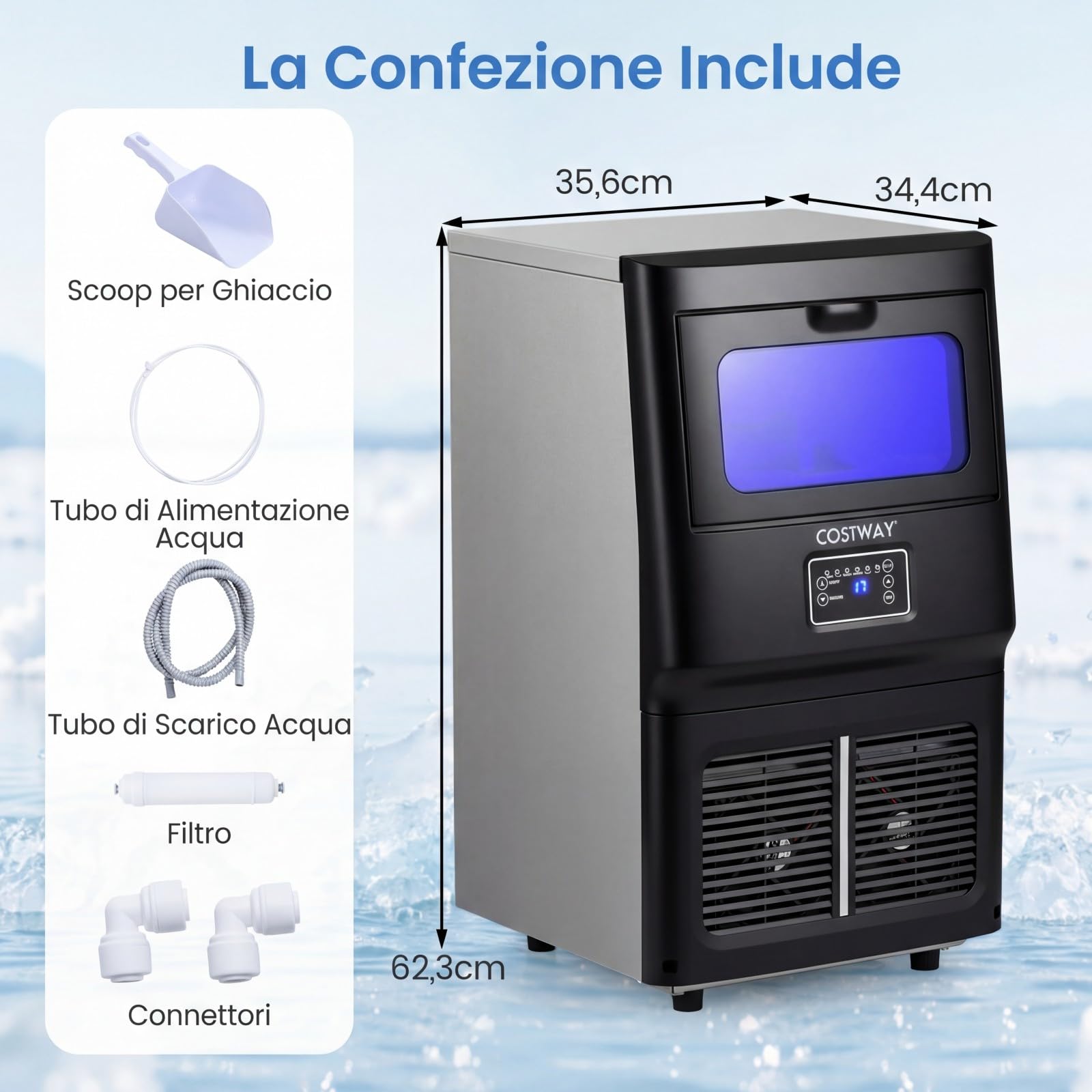 COSTWAY Macchina per Ghiaccio Commerciale, 25-30 kg/24H, Produttore di Ghiaccio in Acciaio Inox con Autopulizia, Filtro dell’Acqua, per Bar Ristorante e Caffetteria